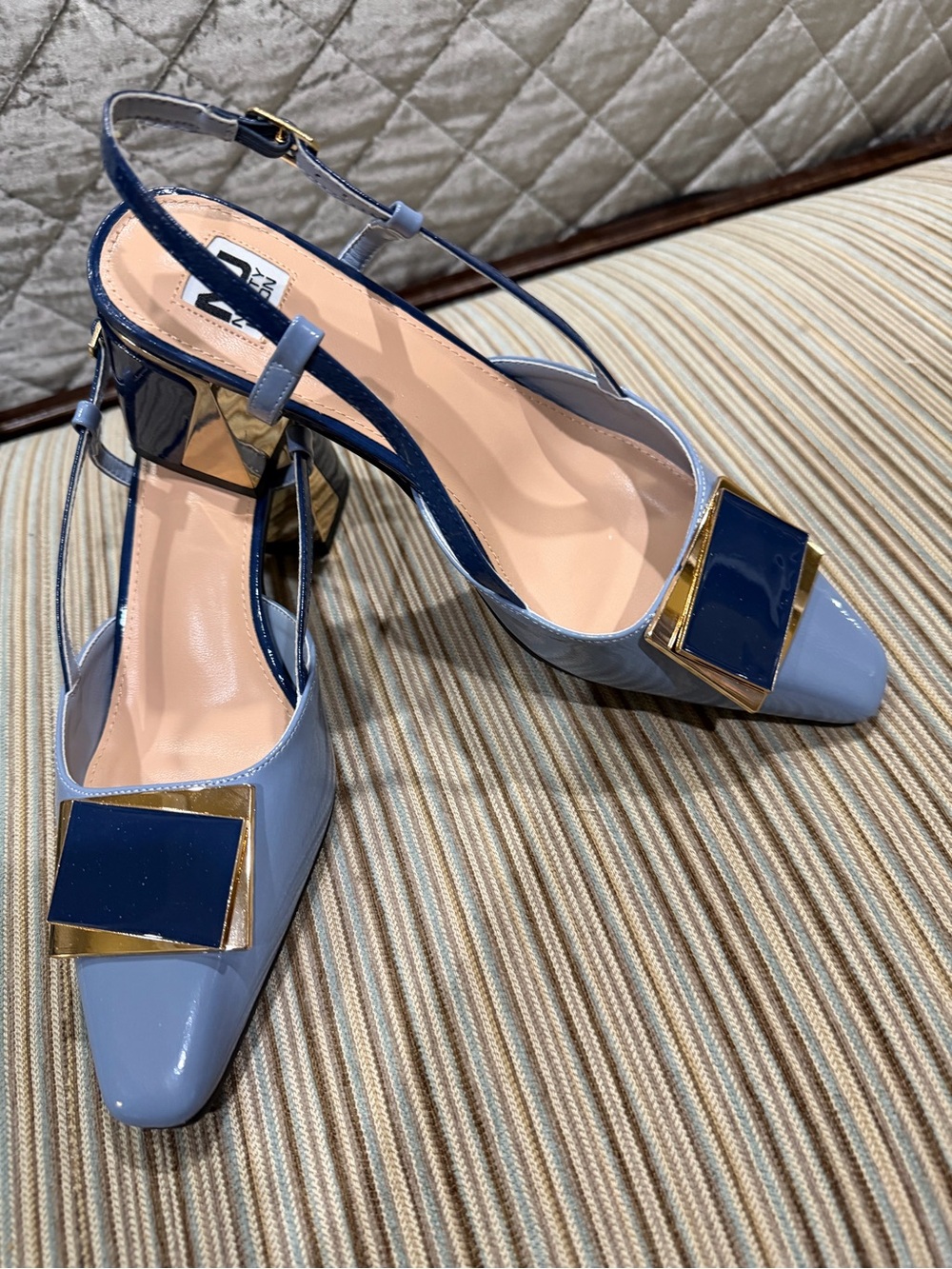 Patent Light Blue Slingback Heels with Navy & Gold Accent  Wore 1 time.
